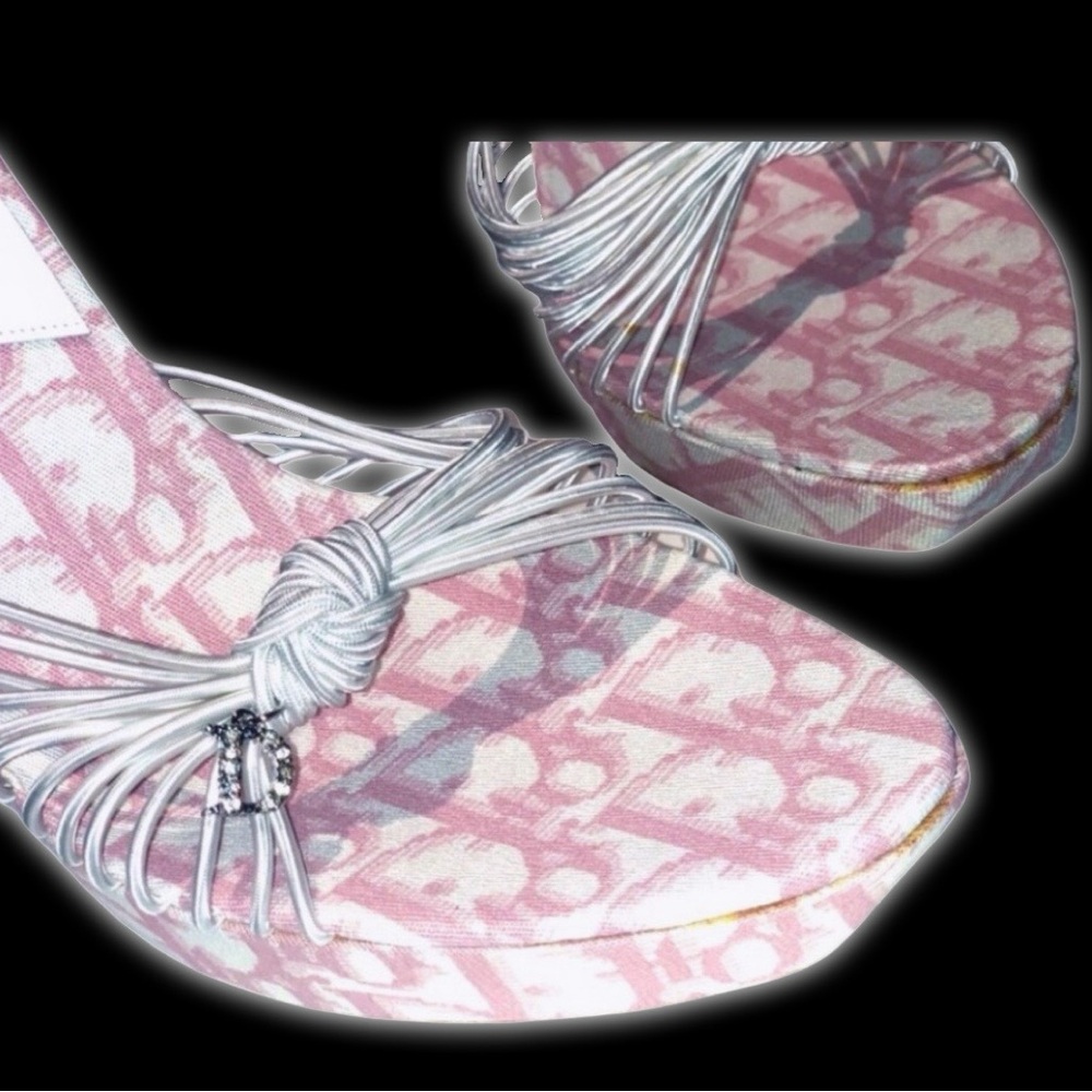 DIOR Girly Pink Monogram Logo Denim Trotter Platform Wedge Sandal Mule - Picture 3 of 15